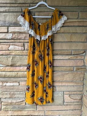 Kori Mustard Floral Maxi Dress with White Crochet Trim